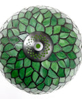 Top view of green stained glass shade of Tiffany-style lamp, part of Green Tiffany Style Stained Glass Table Lamp For Desk And Bedside Use 12x12x18 Inch Antique Green Bronze Base UL Listed Cozy Reading Light For Bedroom Living Room Or Home Office Decor.