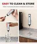 Rechargeable Milk Frother With Stand 3 Speed Handheld Electric Wand Mixer For Matcha Lattes And Cappuccinos Dual Spring Whisk USB C Fast Charge Kitchen Must Have Gift For Home Baristas being used to mix liquid and shown on a countertop stand.