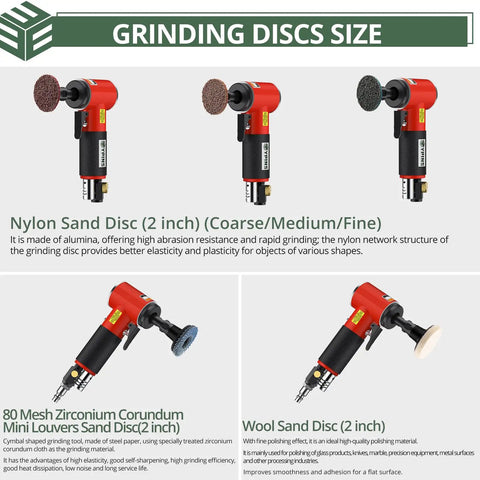 Upgraded Air Angle Grinder 90 Degree Right Angle Die Grinder At 20000 Rpm for metal and stone polishing with various grinding discs.
