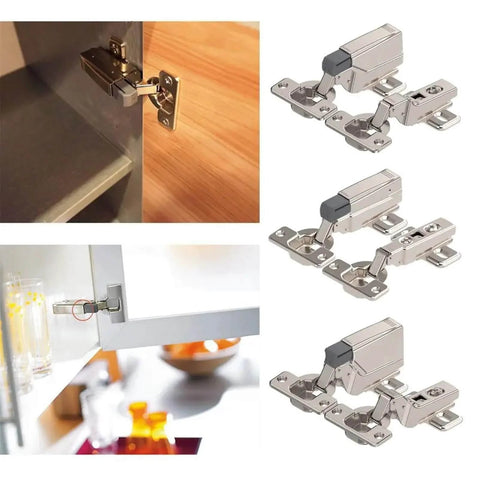 Soft Close Damper Hinges for Kitchen Cabinets and Drawers, stainless steel, installed on cabinet door, side and close-up views