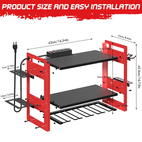 Power Tool Organizer Wall Mount With Charging Station And Storage Rack, 3 Tier Heavy Duty Metal Tool Rack With 4 Drill Holders