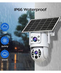 For Real 4K Dual Lens Outdoor Security Camera With Hassle Free Solar Charging And Clean 360 Pan Tilt Zoom Wifi Wireless Surveillance System For Yard Watch mounted on a wall with solar panel, IP66 waterproof.