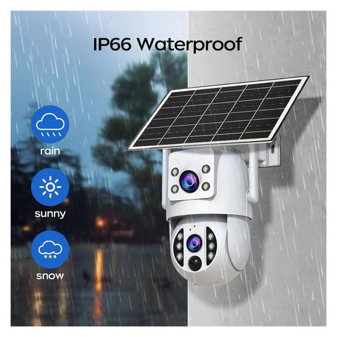 For Real 4K Dual Lens Outdoor Security Camera With Hassle Free Solar Charging And Clean 360 Pan Tilt Zoom Wifi Wireless Surveillance System For Yard Watch mounted on a wall with solar panel, IP66 waterproof.