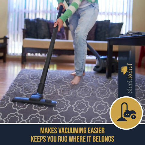 Person vacuuming area rug using Non Slip Rug Lock Grip For Hard Floors Keeps Area Rugs From Sliding With Cushioned Padding