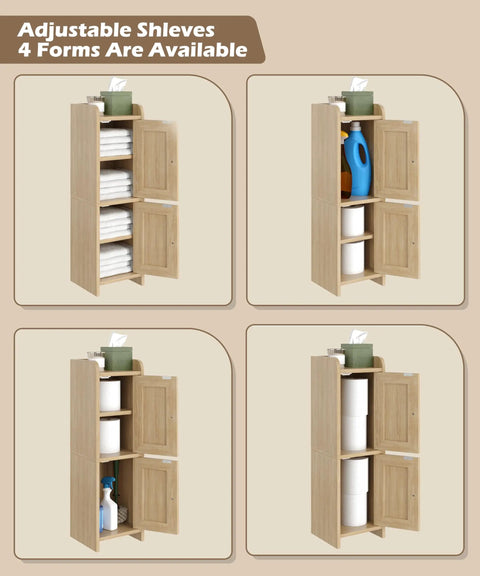 Top Tier Rattan Bathroom Cabinet Ultra Slim Floor Stand Toilet Paper Organizer Fights Clutter In Tight Corners with adjustable shelves.