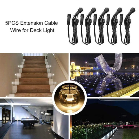 Kick Ass 2 Pin Extension Cable For LED Deck And Garden Spike Lights Featuring Waterproof IP67 Plugs on stairs, showcasing various uses.