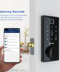 Touchscreen Smart Door Lock With Six In One Unlocking Fingerprint Scanner Anti Peep Password IC Card Bluetooth App Control Mechanical Key Backup Auto Lock Remote Access Easy Install For Home Or Office on white door with phone displaying unlock records