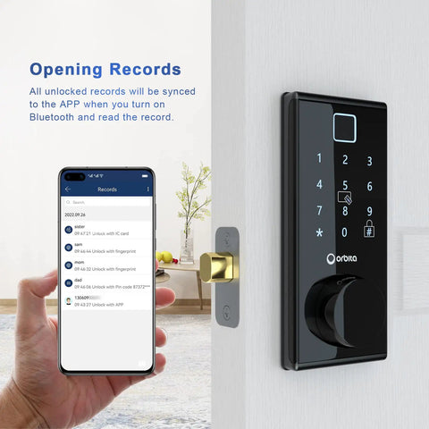 Touchscreen Smart Door Lock With Six In One Unlocking Fingerprint Scanner Anti Peep Password IC Card Bluetooth App Control Mechanical Key Backup Auto Lock Remote Access Easy Install For Home Or Office on white door with phone displaying unlock records