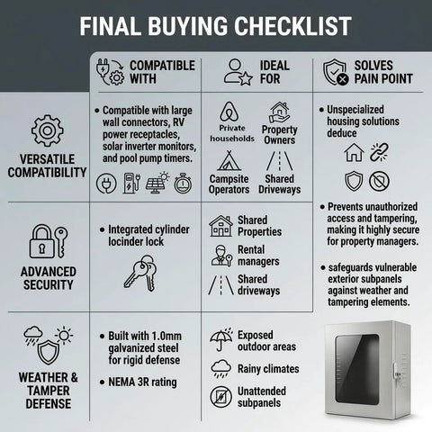 Final buying checklist for Beefed Up EV Charging Station Shelter Featuring A Tempered Glass Panel And Solid Key Lock.
