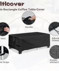 All Weather Outdoor Coffee Table Cover 48 Inch Rectangular, Heavy Duty Oxford Cloth With PU Coating, shown on a 48x24 inch table.
