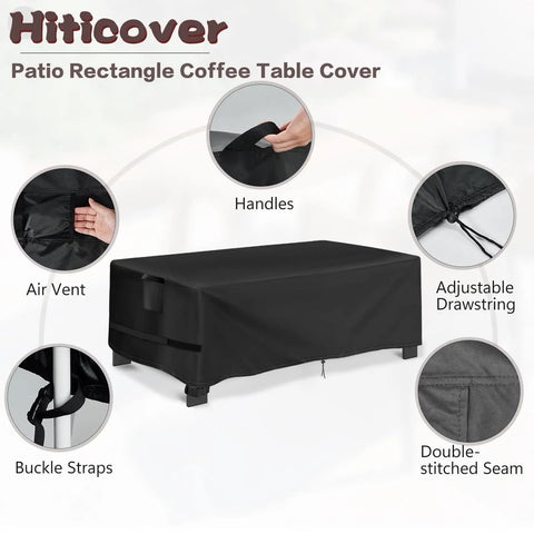 All Weather Outdoor Coffee Table Cover 48 Inch Rectangular, Heavy Duty Oxford Cloth With PU Coating, shown on a 48x24 inch table.