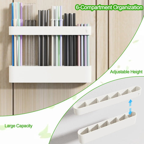 Slick Silicone Straw Holder For Cabinet Door Sturdy Reusable Straw Organizer And Dispenser BPA Free, 6-compartment design with colorful straws.