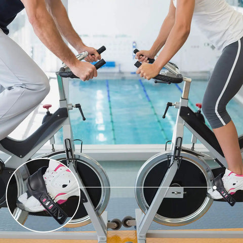 Cyclists using Universal Exercise Bike Pedal Straps Set For Home Gym Adjustable 1.7 X 12 Inch Straps with ratchet style ridges