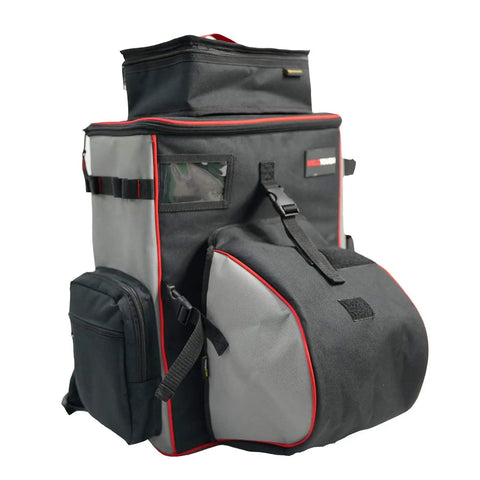 Side view of Heavy Duty Welding Tool Backpack With Helmet Catch And Lunch Box Extra Large Capacity Gear Bag for helmets and tools.