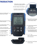 Front view of 5-in-1 fiber optic tester and portable optical power meter; blue/black handheld with LCD and FC/SC/ST ports