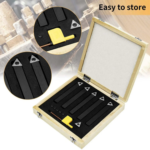 Five Piece One Half Inch Indexable Carbide Turning Inserts Holder Set For Lathes With Replaceable Tips And Rotatable Edges Includes Carbide Inserts TCMT16T304 And Spare Screws For Lathe Tools shown in storage case