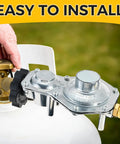 DRELD two-stage propane regulator with POL and 3/8 in NPT, chrome finish, installed on a propane tank