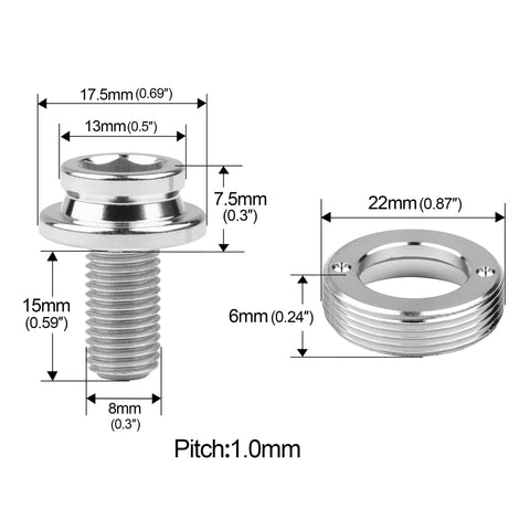 Diagram of Titanium M8x15mm Crank Arm Fixing Bolt With Cap For Square Taper Bottom Bracket Screws Pack Of 2 with measurements