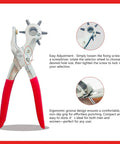 Heavy Duty Belt Hole Puncher For Leather 6 Size Revolving Hole Punch Tool With Ruler And Deburring File with red grips