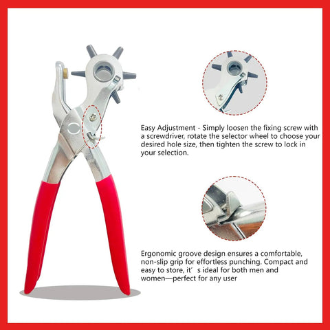 Heavy Duty Belt Hole Puncher For Leather 6 Size Revolving Hole Punch Tool With Ruler And Deburring File with red grips