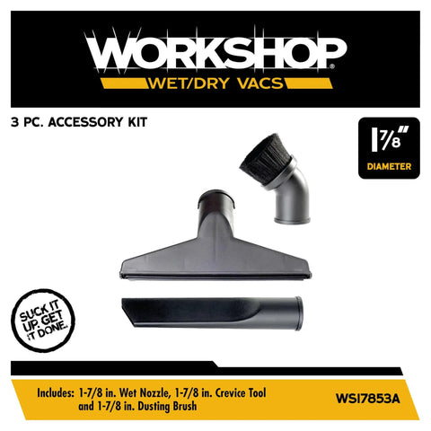 Three Piece Wet Dry Vacuum Attachment Kit for One Seven Eight Inch Wands with Crevice Tool, Wet Nozzle, Dusting Brush