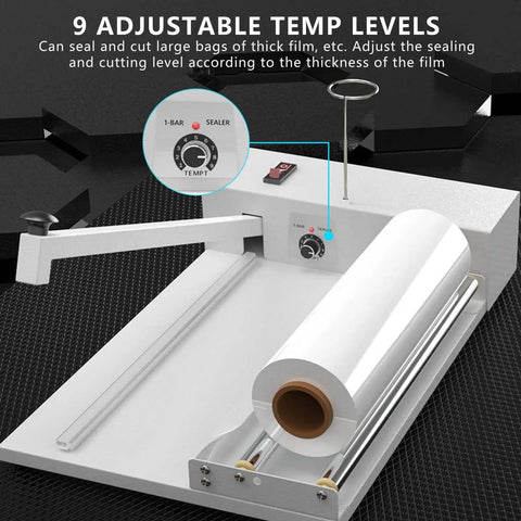 Pro Grade Manual Shrink Wrap Machine With Heat Sealer And Cutter Featuring 9 Adjustable Temps For POF And PE Film Up To 12 Inches Width adjustable temp control and film roll setup.