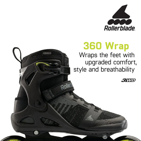 Macroblade 110 3WD Mens Go-To Fitness Inline Skate With Black And Lime Colorway, High Cuff Support, Aluminum Buckle, Strap And Speed Lace Closure, Breathable Athletic Mesh Upper For All Day Comfort, Performance Inline Skate, Size 9.5, side view