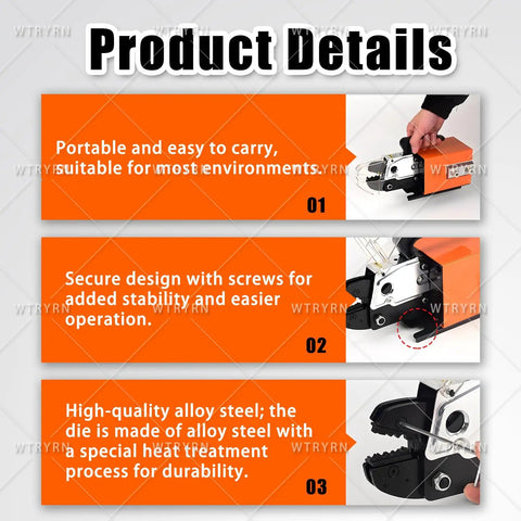 Product details of Professional Pneumatic Terminal Crimping Machine With Powerful 1.3T Force Output highlighted in orange panels.