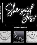 She Said Yes Neon Sign Led Light For Weddings And Parties White 60cm Bride Glow Sign Custom Neon Sign For Bedroom Or Party Room Decor Romantic Vibe Wedding Reception Accent showing dimensions, hanging hole, acrylic back pane, and LED strip details.