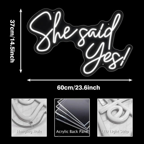 She Said Yes Neon Sign Led Light For Weddings And Parties White 60cm Bride Glow Sign Custom Neon Sign For Bedroom Or Party Room Decor Romantic Vibe Wedding Reception Accent showing dimensions, hanging hole, acrylic back pane, and LED strip details.