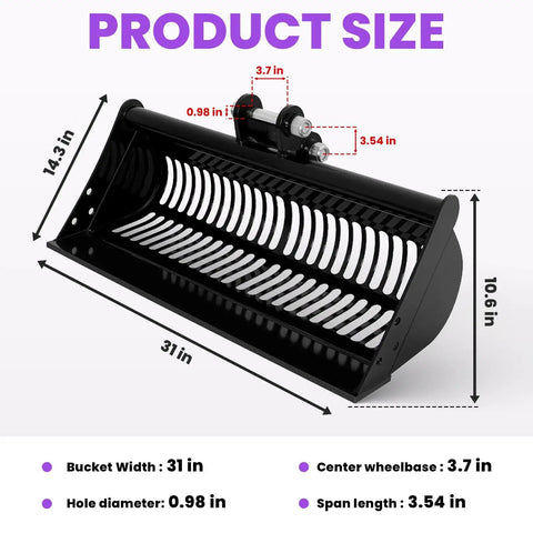 31 Inch Mini Excavator Bucket With Screen Slots For Efficient Trenching Debris Separation Dimensions Display