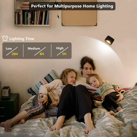 Family reading under Cordless Led Wall Lamp For Bedroom With Touch Control, battery operated night light on bright setting.