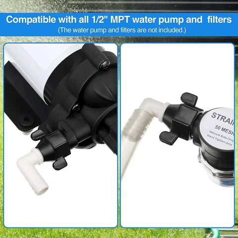 1/2 Inch NPT To 1/2 Inch Barb Elbow And Straight Swivel RV Water Pump Fittings With Thread Seal Tape, 360 Degree Rotating Quick Connect Adapter For Leakproof Hose Setup And Easy Install; black elbow and straight connectors