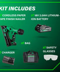 Kit includes Cordless 18V Brushless 15-Gauge Angled Finish Nailer Kit With 2.0Ah Battery, charger, bag, and safety glasses.