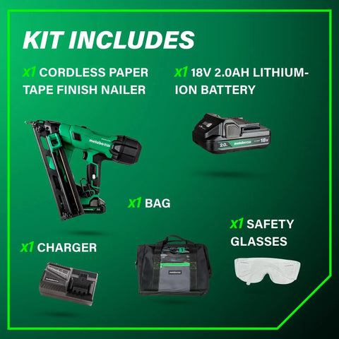 Kit includes Cordless 18V Brushless 15-Gauge Angled Finish Nailer Kit With 2.0Ah Battery, charger, bag, and safety glasses.
