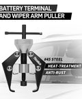 Heavy Duty Windshield Wiper Arm Removal Tool With Battery Terminal Puller And Small Bearing Puller in steel with car background