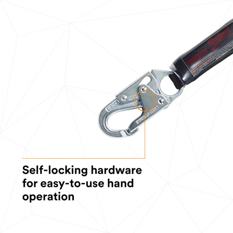 Close-up of Protecta Rebel Self Retracting Lifeline 6 Foot Polyester Web With Steel Snap Hook And Carabiner in black and red.