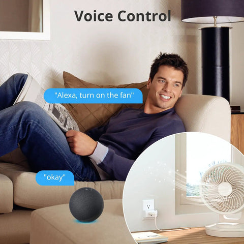Man using Alexa with WiFi Smart Plug With Energy Monitoring 15A 2 Pack ETL Certified Works With Alexa And Google Home IFTTT 2.4 GHz WiFi Only Compact Outlet Socket For Home Office to control fan.