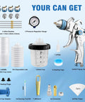 Pro Grade HVLP Spray Gun Kit With Six Hundred Fifty Ml Mixing Jar Ten Snap On Lids Four Quick Swap Nozzles And Precision Controls parts overview.