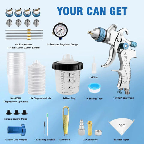 Pro Grade HVLP Spray Gun Kit With Six Hundred Fifty Ml Mixing Jar Ten Snap On Lids Four Quick Swap Nozzles And Precision Controls parts overview.