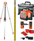 Red Rotary Laser Level Kit Pro Grade With 360 Degree Self Leveling 1650ft Range Surveying Tripod And 5m Staff IP66 Waterproof Remote 5 Rotation Speeds 4 Angle Adjustments Ships In Three Packages, tripod and accessories set