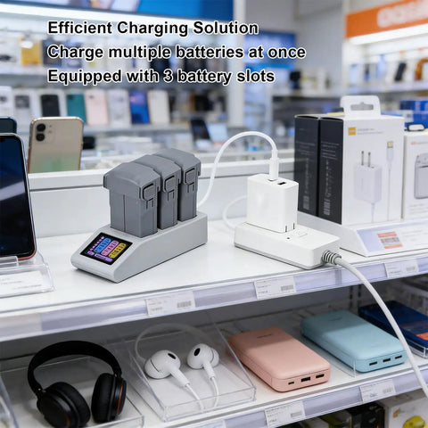Parallel USB C 3 Slot Fast Charging Hub With LCD Screen for Drone Batteries on store shelf, showing dual charging station