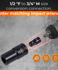 Three Quarter Inch Drive Deep Impact Socket Set attached to impact wrench with conversion connection, black phosphate finish