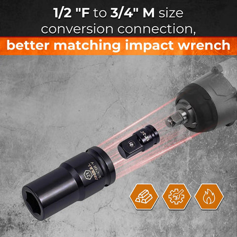 Three Quarter Inch Drive Deep Impact Socket Set attached to impact wrench with conversion connection, black phosphate finish
