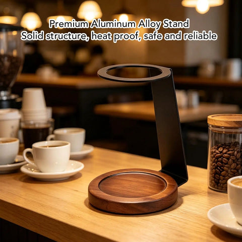 Kickstart Your Morning Routine With This Top Shelf Pour Over Coffee Dripper Stand, Smooth Operator Aluminum And Genuine Wood Filter Holder Rack, No Fuss Drip Brewing Station For Kitchen Counter, aluminum stand with wooden base and cups on counter.