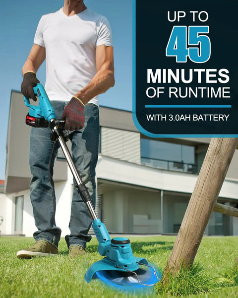 Person using Cordless Weed Wacker With 1300W Brushless Motor Delivers Up To 23000 RPM Includes 4 Blade Types Lightweight Grass Trimmer And Brush Cutter Two 21V Batteries And Charger For Lawn And Garden Beast Mode For Your Yard outdoors on lawn