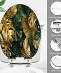 Elongated Resin Toilet Seat for Bathroom with gold leaf design, quick release hinges, and grip-tight bumpers.