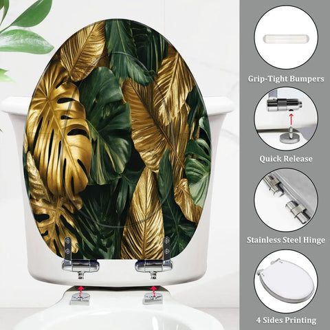 Elongated Resin Toilet Seat for Bathroom with gold leaf design, quick release hinges, and grip-tight bumpers.
