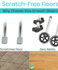 Image comparing Vive Smooth Gliders with heavy duty walker wheels and ski glides conversion kit for scratch-free floors.