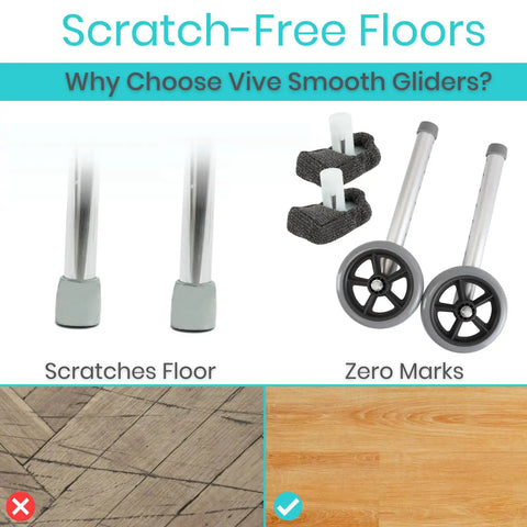 Image comparing Vive Smooth Gliders with heavy duty walker wheels and ski glides conversion kit for scratch-free floors.